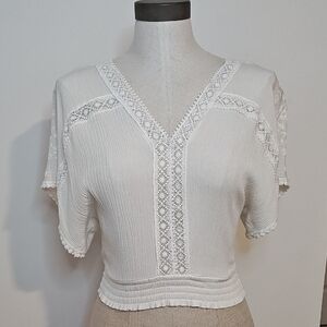 Boho White Embroidered Peasant Top | Sheer Lace Sleeve Detail | Size Small